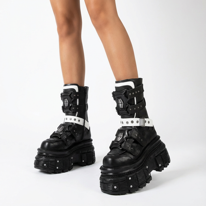 Bottes moto punk pour femmes | Semelle épaisse, design à boucle de ceinture