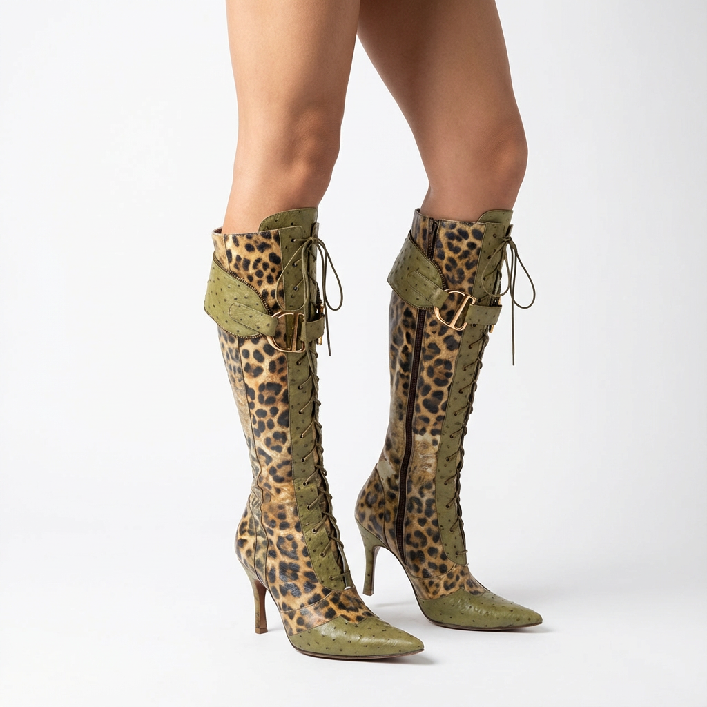 Bottes stilettos Gina pour femmes | Imprimé léopard vert, design luxueux