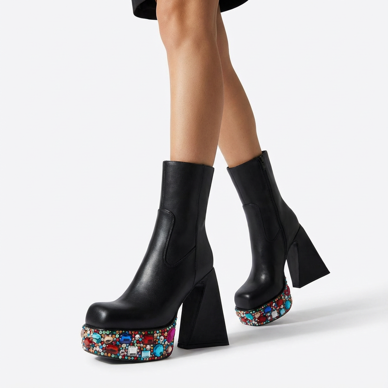 Bottines à plateforme Velmora pour femmes | Plateforme ornée de strass, talon bloc haut