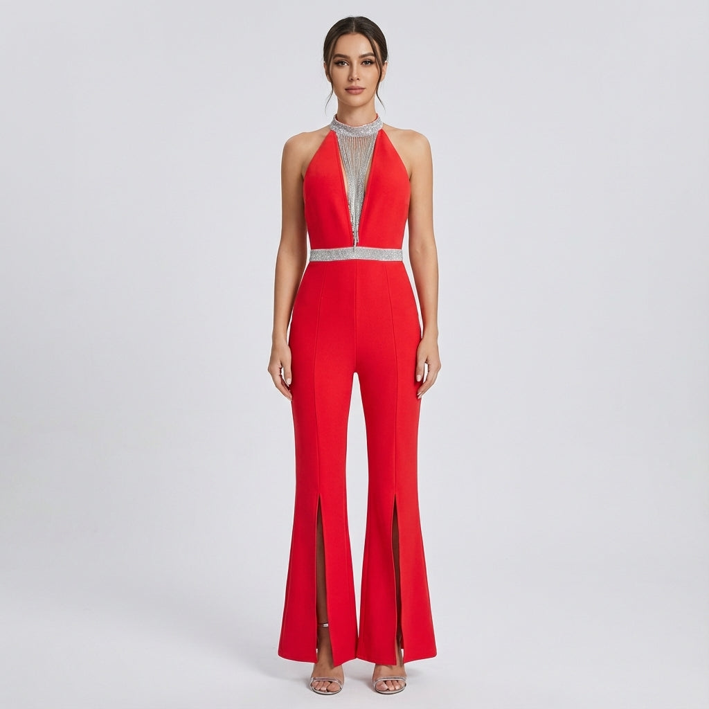 Mono de Clarissa para mujer | Cuello halter con flecos de cristal, Piernas acampanadas con abertura frontal