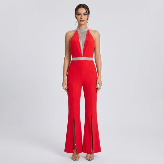 Mono de Clarissa para mujer | Cuello halter con flecos de cristal, Piernas acampanadas con abertura frontal