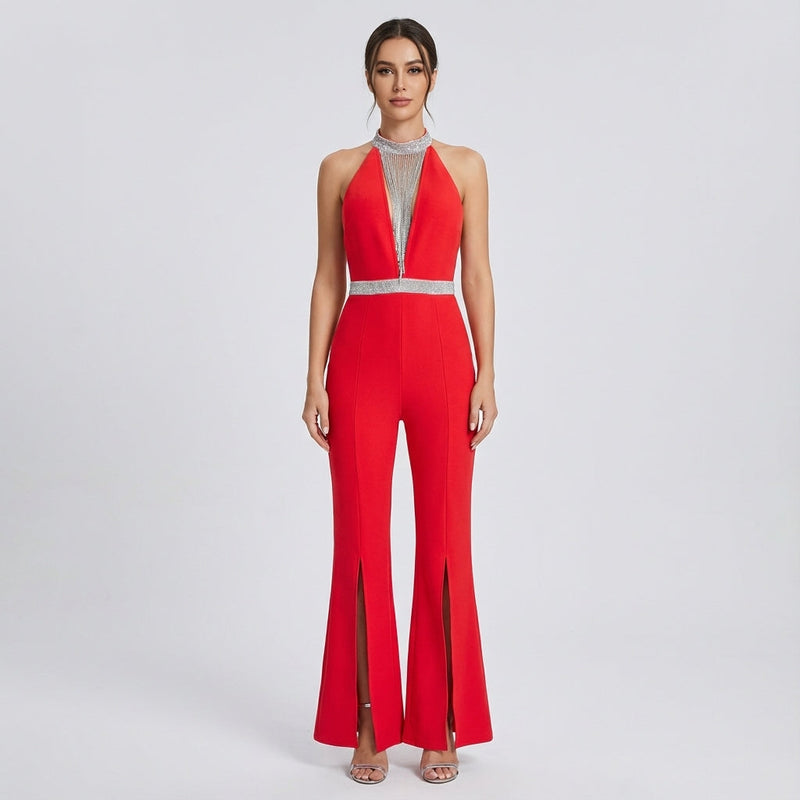 Mono de Clarissa para mujer | Cuello halter con flecos de cristal, Piernas acampanadas con abertura frontal