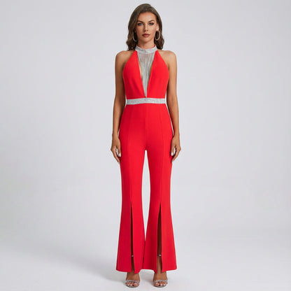 Mono de Clarissa para mujer | Cuello halter con flecos de cristal, Piernas acampanadas con abertura frontal