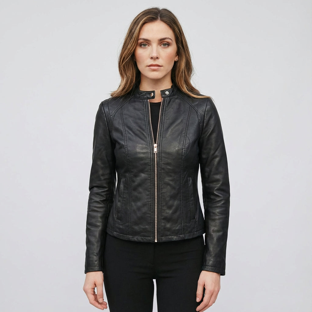 Everly Women's Leather Jacket | Zippered Biker Design, Fitted Silhouette