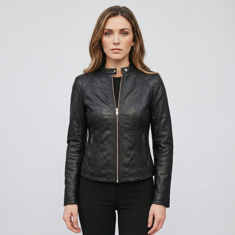 Everly Women's Leather Jacket | Zippered Biker Design, Fitted Silhouette