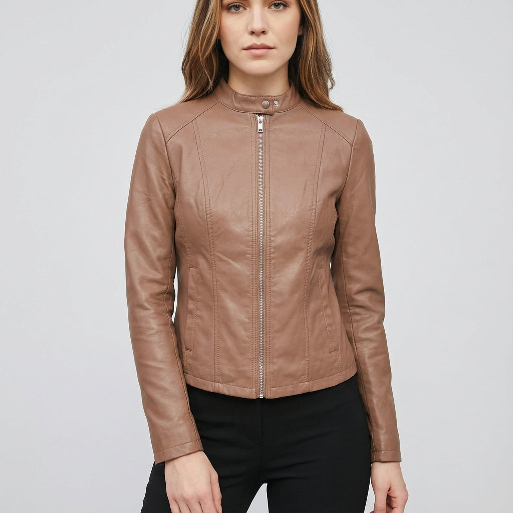 Everly Women's Leather Jacket | Zippered Biker Design, Fitted Silhouette