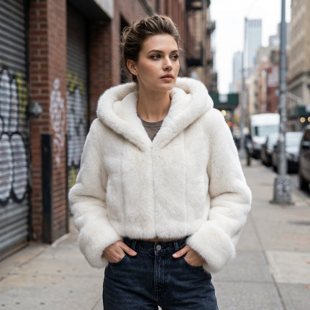 Chaqueta de Piel Sintética para Mujeres Isabella | Capucha Oversized, Textura Acolchada