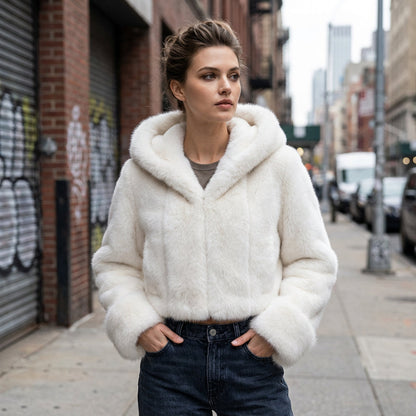 Chaqueta de Piel Sintética para Mujeres Isabella | Capucha Oversized, Textura Acolchada