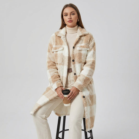 Manteau en polaire teddy pour femmes Penny | Design à carreaux confortable, manteau d'hiver long