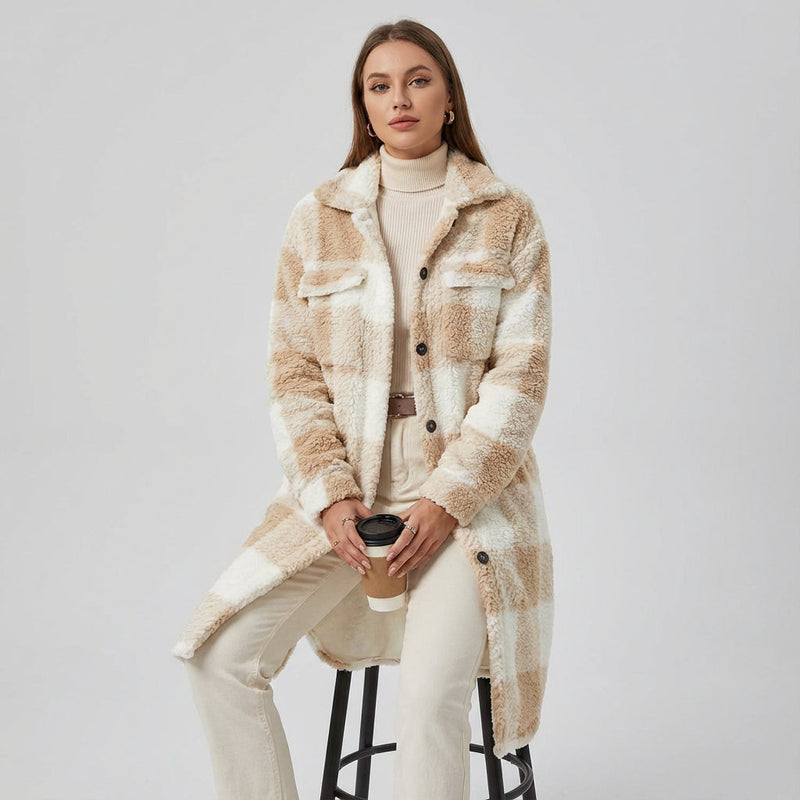 Manteau en polaire teddy pour femmes Penny | Design à carreaux confortable, manteau d'hiver long