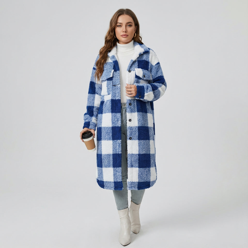Manteau en polaire teddy pour femmes Penny | Design à carreaux confortable, manteau d'hiver long