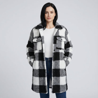 Manteau en polaire teddy pour femmes Penny | Design à carreaux confortable, manteau d'hiver long