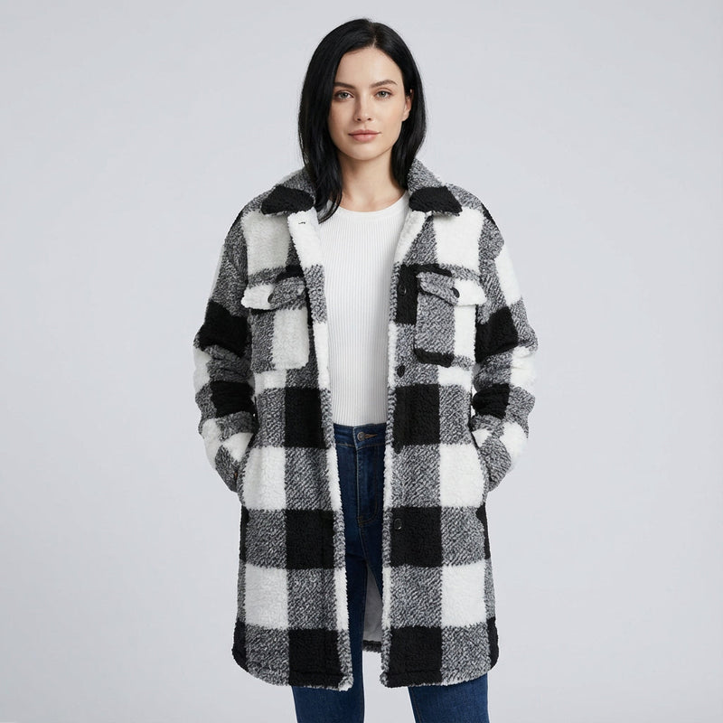 Manteau en polaire teddy pour femmes Penny | Design à carreaux confortable, manteau d'hiver long