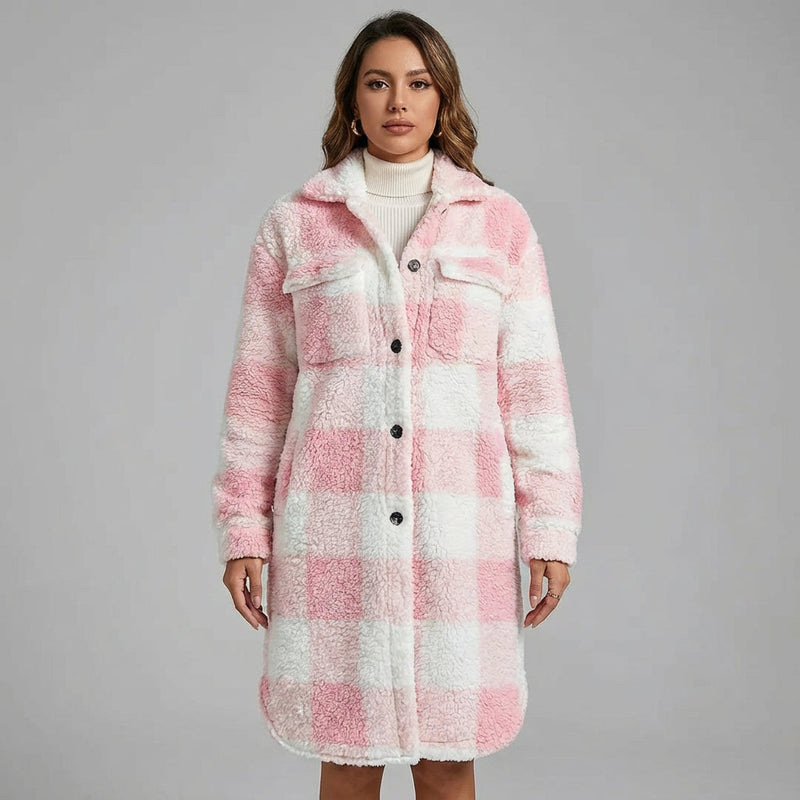 Manteau en polaire teddy pour femmes Penny | Design à carreaux confortable, manteau d'hiver long