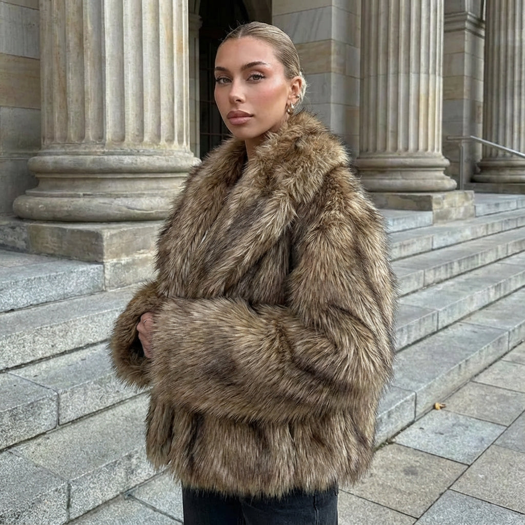 Abrigo de Piel Sintética para Mujeres Vienna | Piel Sintética Color Caramelo Cálido, Cuello de Solapa Ancho