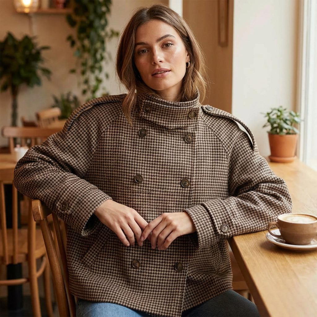 Manteau court à carreaux femme Marissa | Double boutonnage, col montant