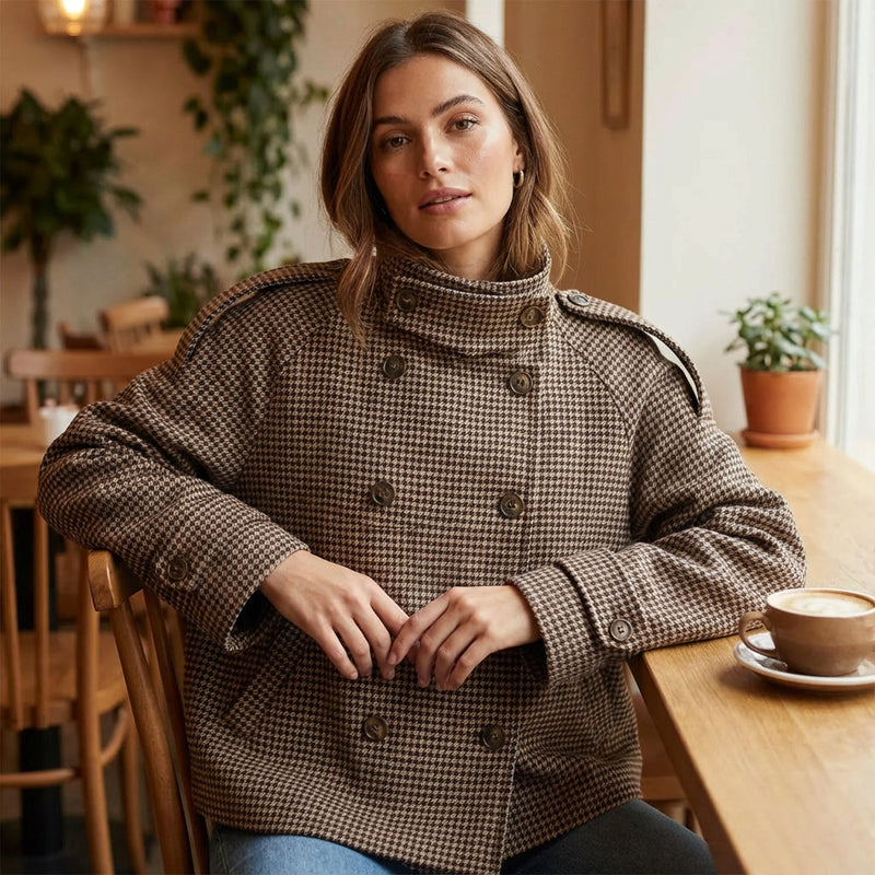 Manteau court à carreaux femme Marissa | Double boutonnage, col montant