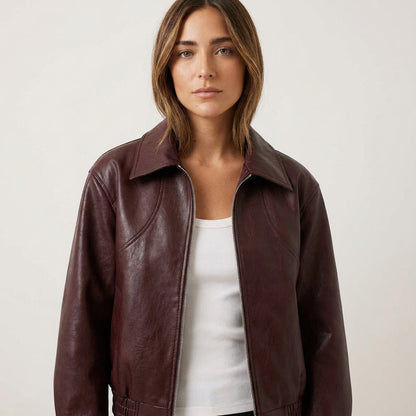 Chaqueta de Cuero Cortada para Mujeres Marina | Cierre con Cremallera Frontal, Cuello de Solapa