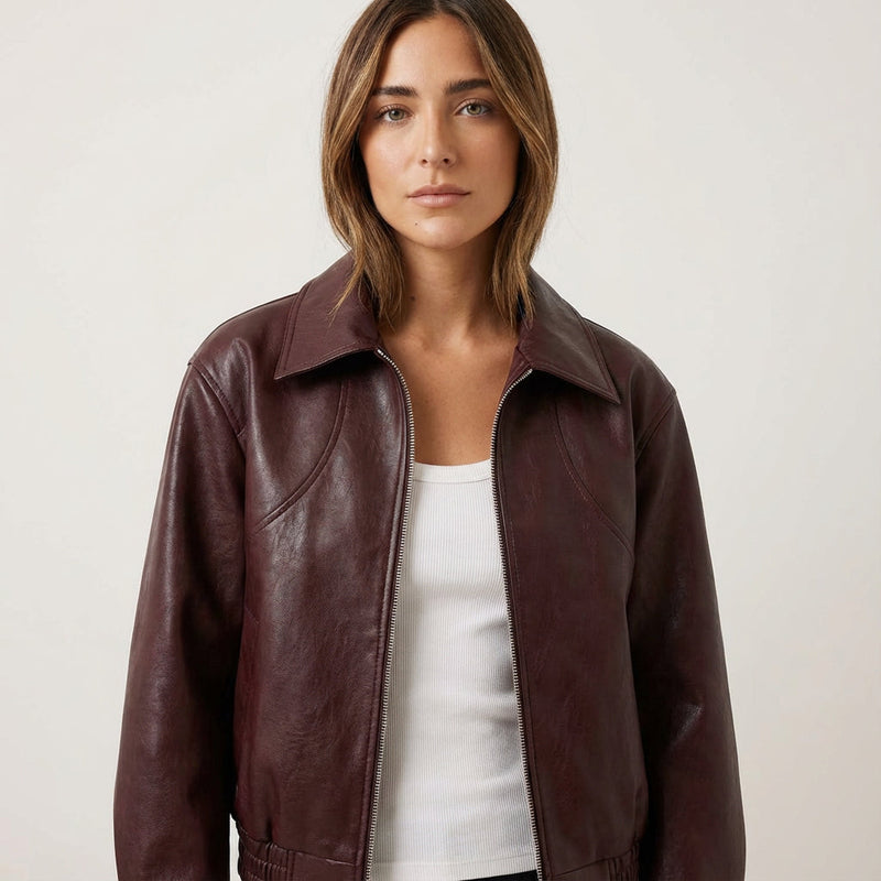 Chaqueta de Cuero Cortada para Mujeres Marina | Cierre con Cremallera Frontal, Cuello de Solapa