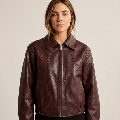 Chaqueta de Cuero Cortada para Mujeres Marina | Cierre con Cremallera Frontal, Cuello de Solapa