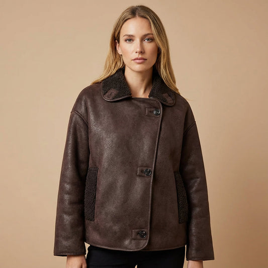 Veste en simili cuir pour femmes Nora | Boutonnée devant, col bordé de shearling