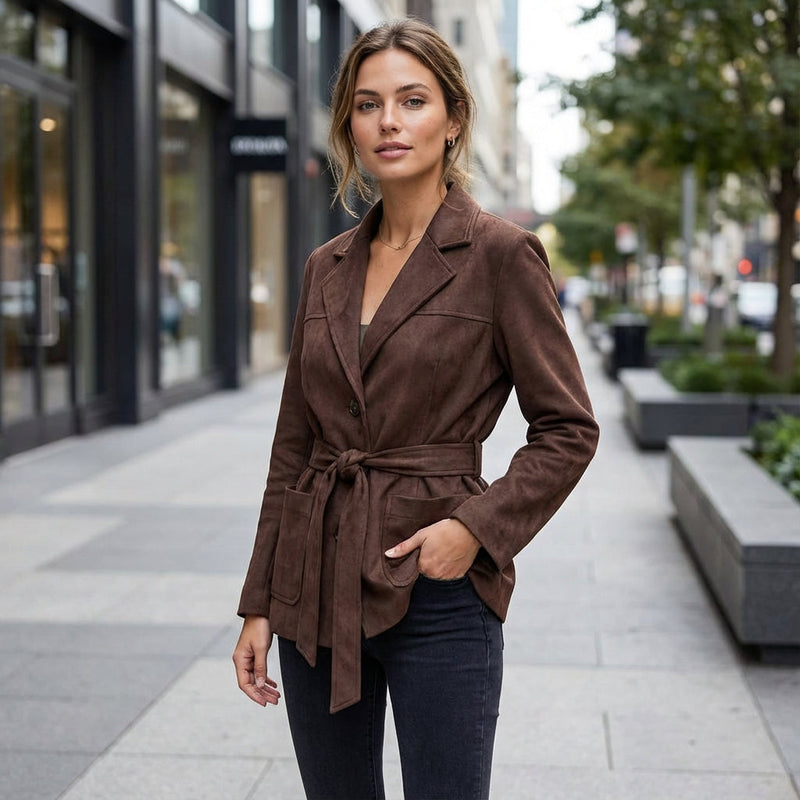 Blazer en daim pour femmes Elena | Taille ceinturée, col à revers
