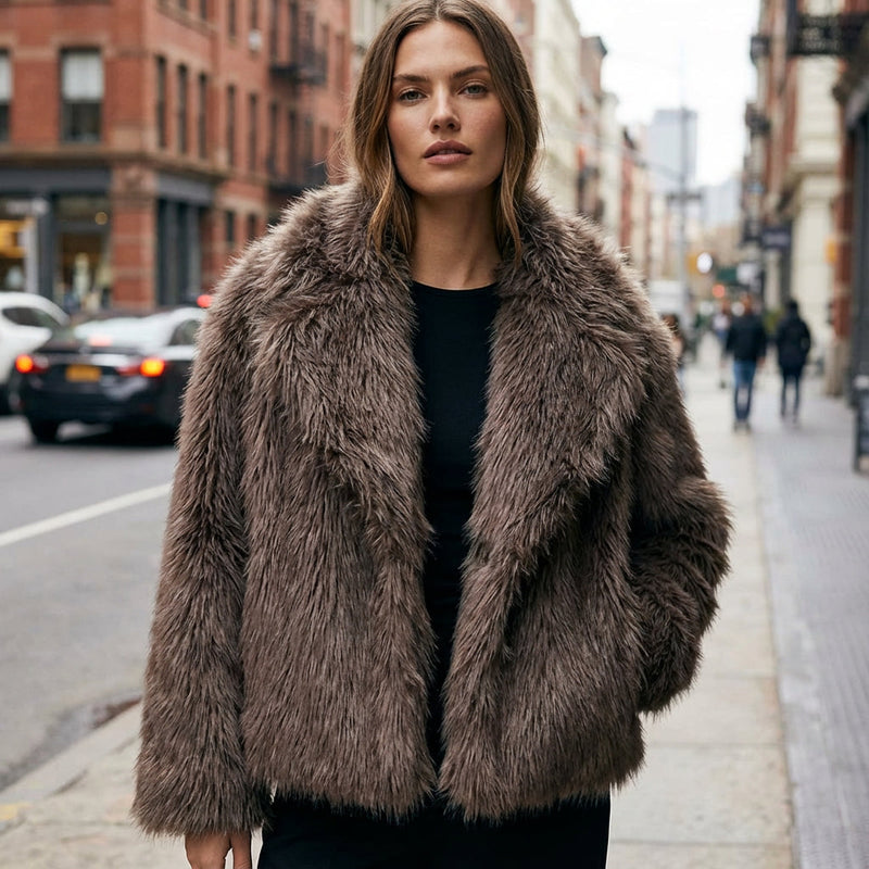 Manteau en fausse fourrure pour femmes Jade | Texture pelucheuse, large col