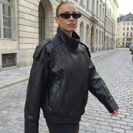 Veste en cuir asymétrique Lucille | Oversize, fermeture asymétrique devant