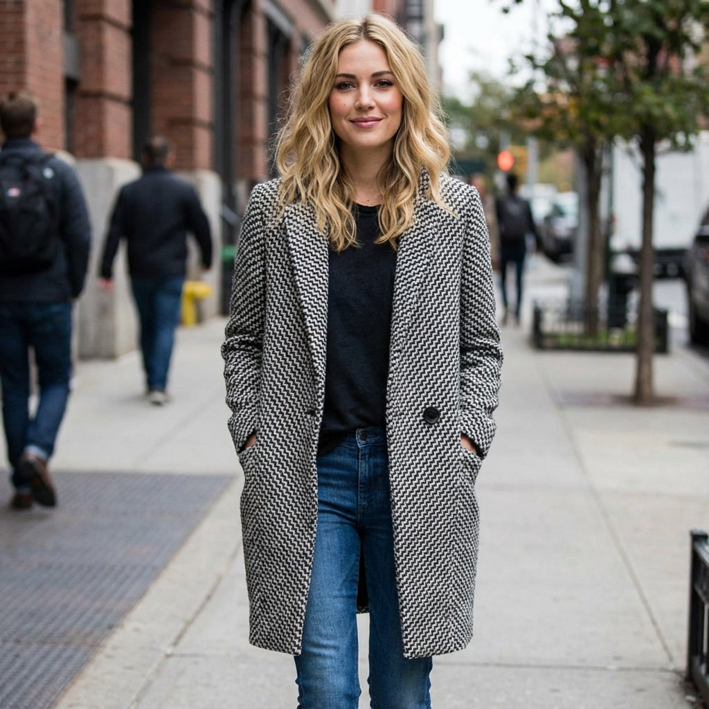 Manteau d'hiver pour femmes Holly | Tissu pied-de-poule ajusté, design mi-long