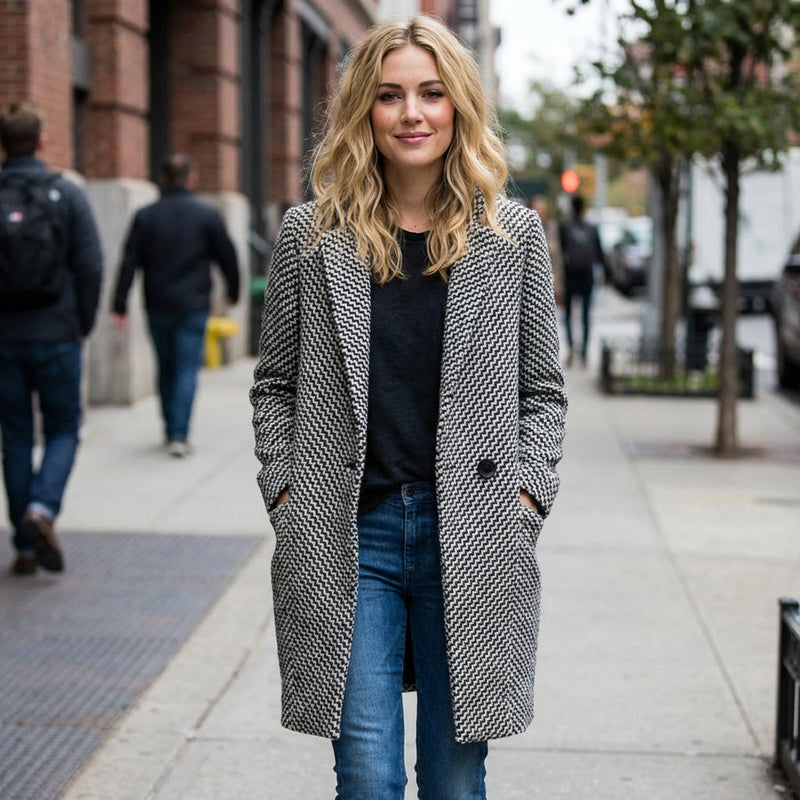 Manteau d'hiver pour femmes Holly | Tissu pied-de-poule ajusté, design mi-long