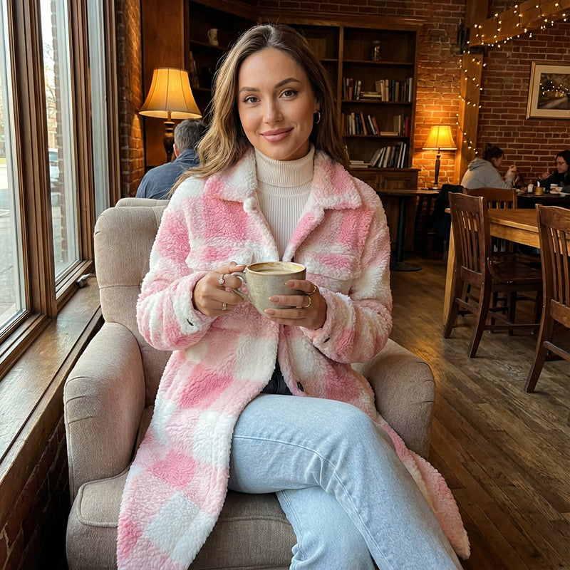 Manteau en polaire teddy pour femmes Penny | Design à carreaux confortable, manteau d'hiver long