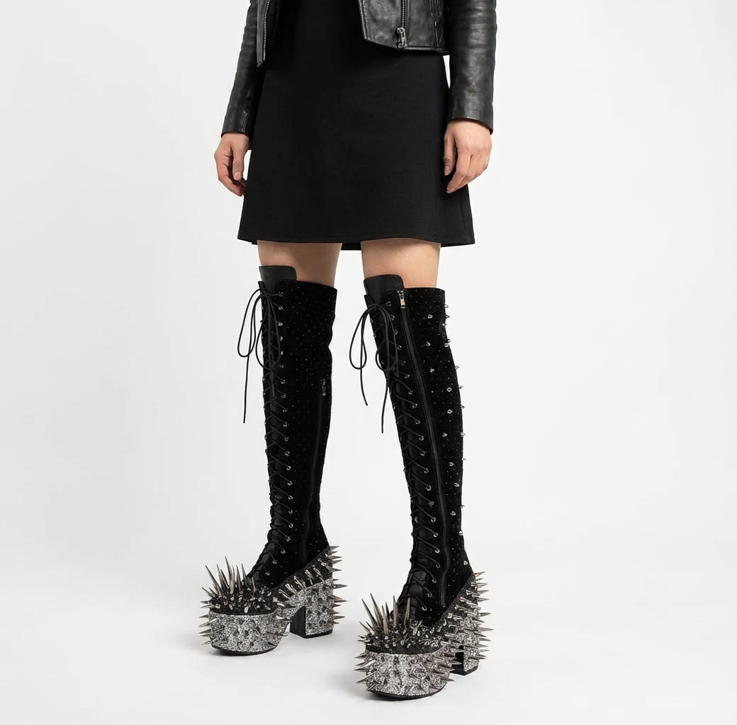 Bottes de chevalier punk à pointes | Semelle épaisse, design au-dessus du genou