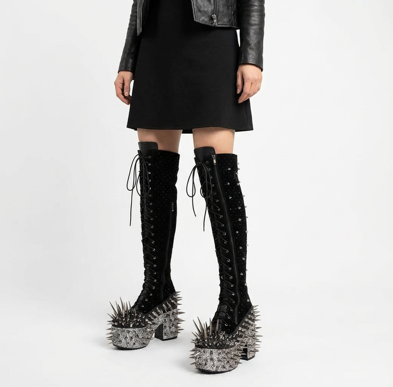 Bottes de chevalier punk à pointes | Semelle épaisse, design au-dessus du genou