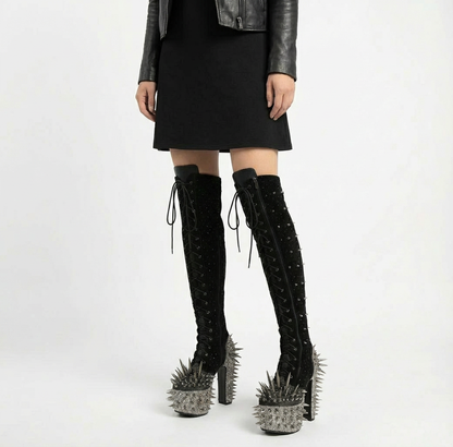 Bottes de chevalier punk à pointes | Semelle épaisse, design au-dessus du genou
