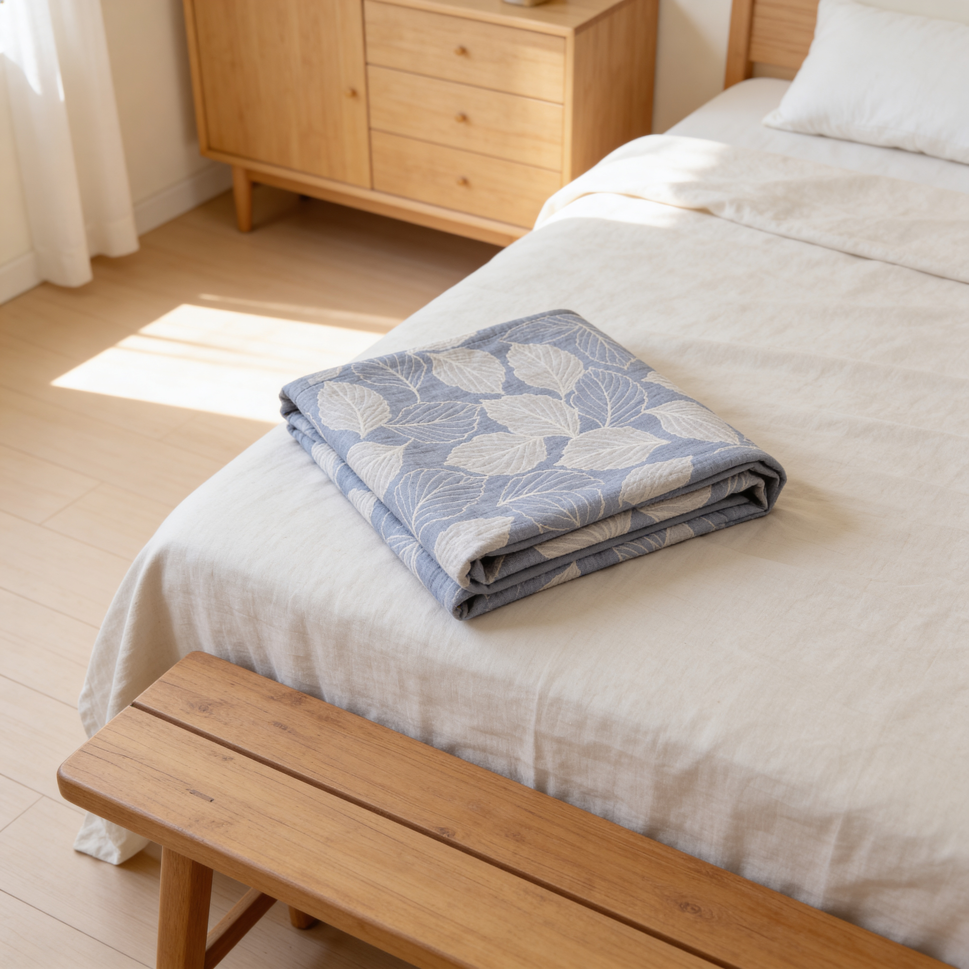 Mulberry Leaf Cotton Triple Gauze Blanket styled on a bed in a Scandinavian bedroom