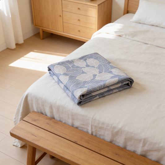 Mulberry Leaf Cotton Triple Gauze Blanket styled on a bed in a Scandinavian bedroom