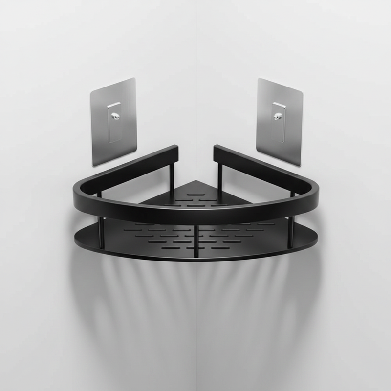 Aluma Curve Shower Caddy - Matte black corner shelf, self-adhesive mount