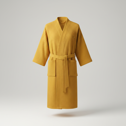 Waffle V-Neck Cotton Bathrobe in Yellow - clean studio product photo