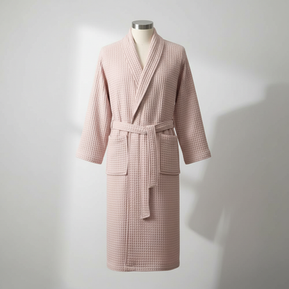 Waffle V-Neck Cotton Bathrobe in Pink - clean studio product photo