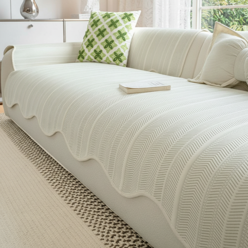 Herringbone Sofa Cover with Scalloped Edge - Cream Wave