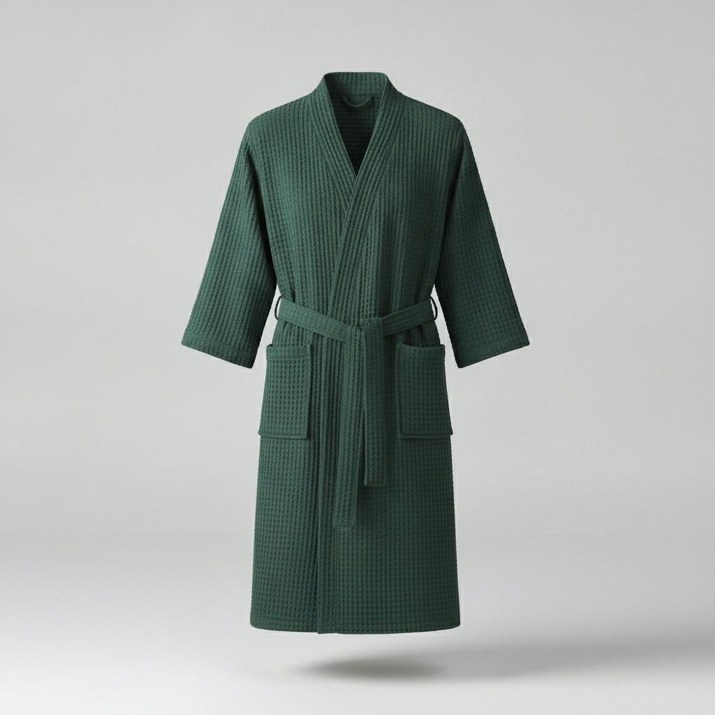 Waffle V-Neck Cotton Bathrobe in Dark Green - clean studio product photo