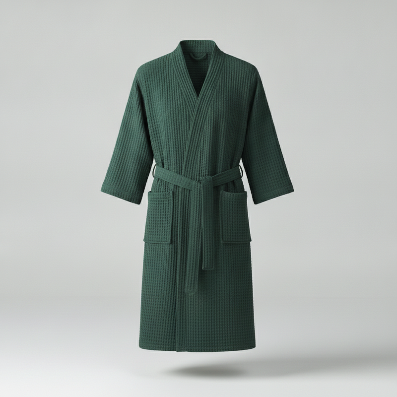 Waffle V-Neck Cotton Bathrobe in Dark Green - clean studio product photo