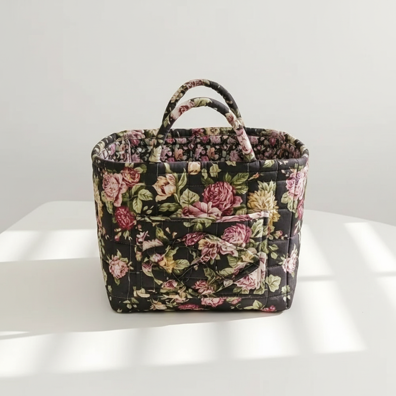 Floral Canvas Storage Basket - Clover (black floral roses)