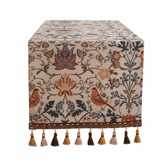 Vintage floral and bird jacquard table runner with tasselled edges