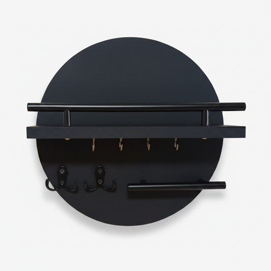 Round Wooden Key Holder – Black finish with shelf and hooks – Scandinavian wall organizer