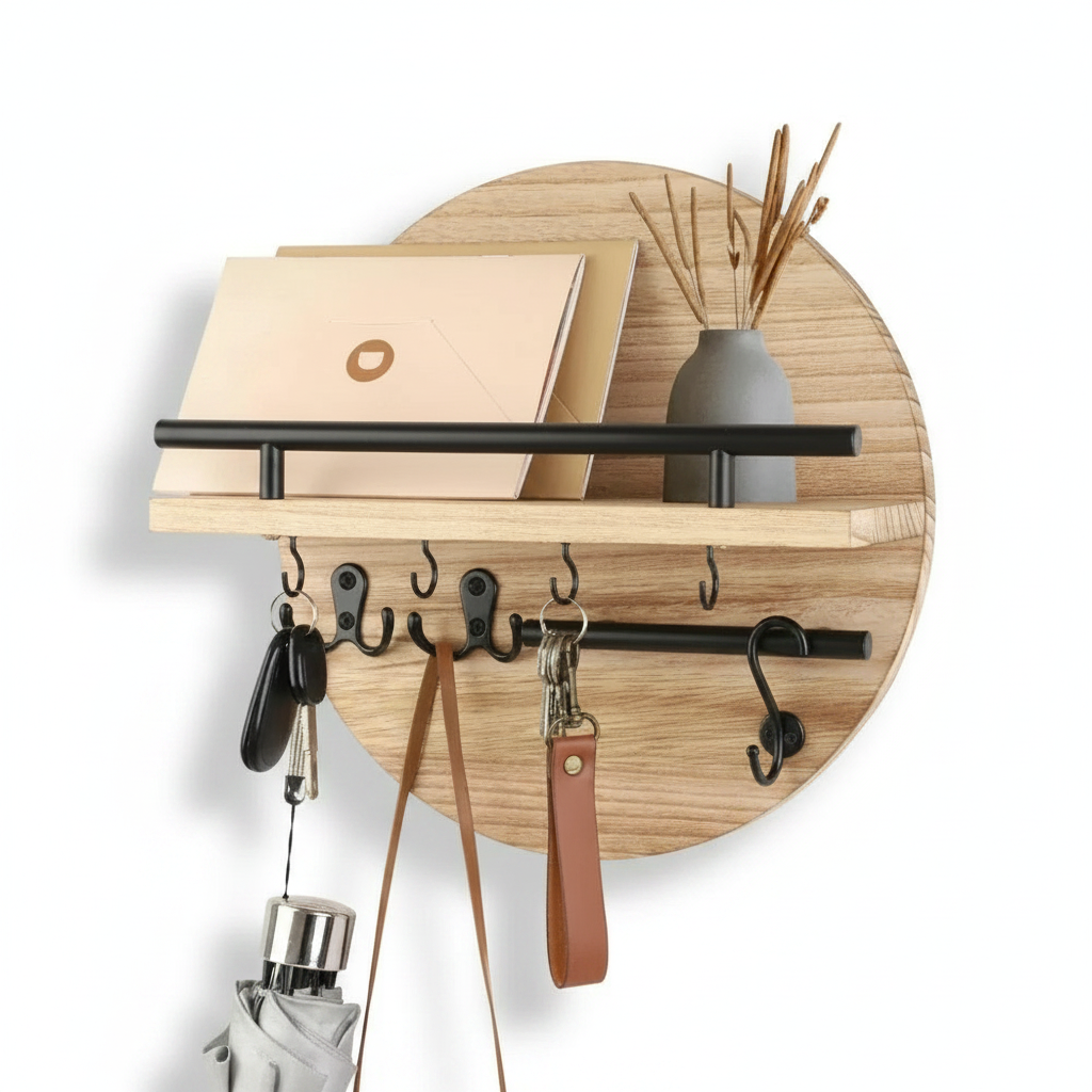 Round Wooden Key Holder – Beige/Black finish with shelf and hooks – Scandinavian wall organizer