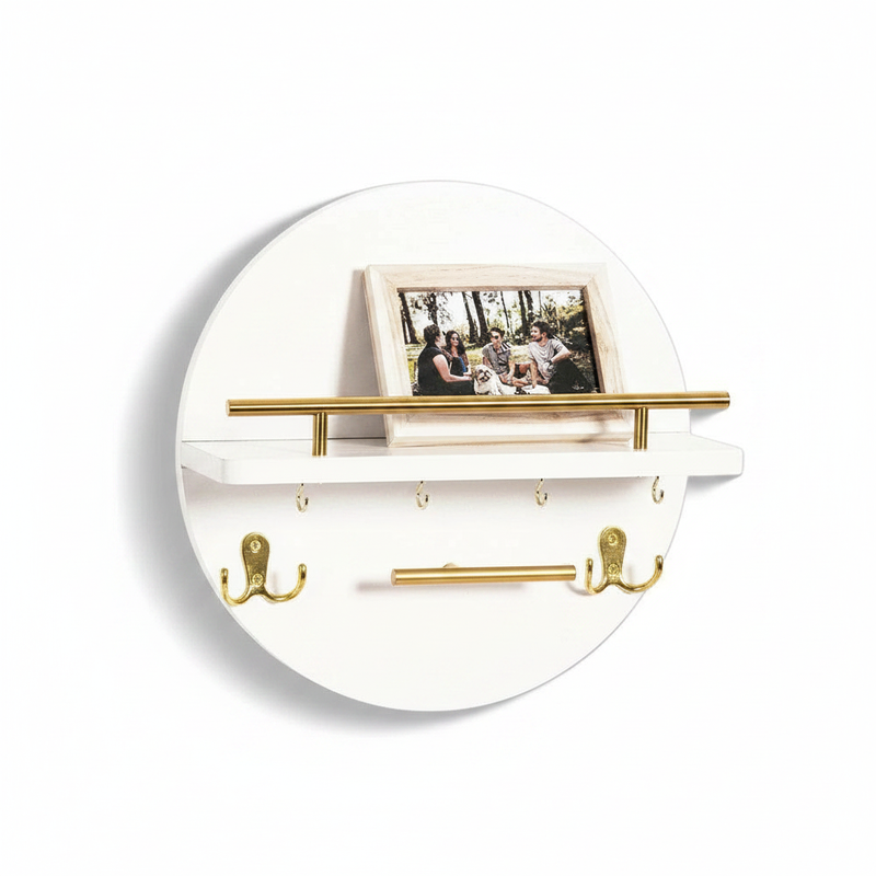 Round Wooden Key Holder – White/Gold finish with shelf and hooks – Scandinavian wall organizer
