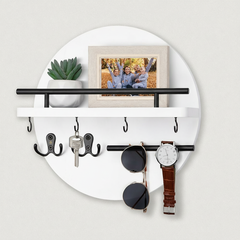 Round Wooden Key Holder – White/Black finish with shelf and hooks – Scandinavian wall organizer