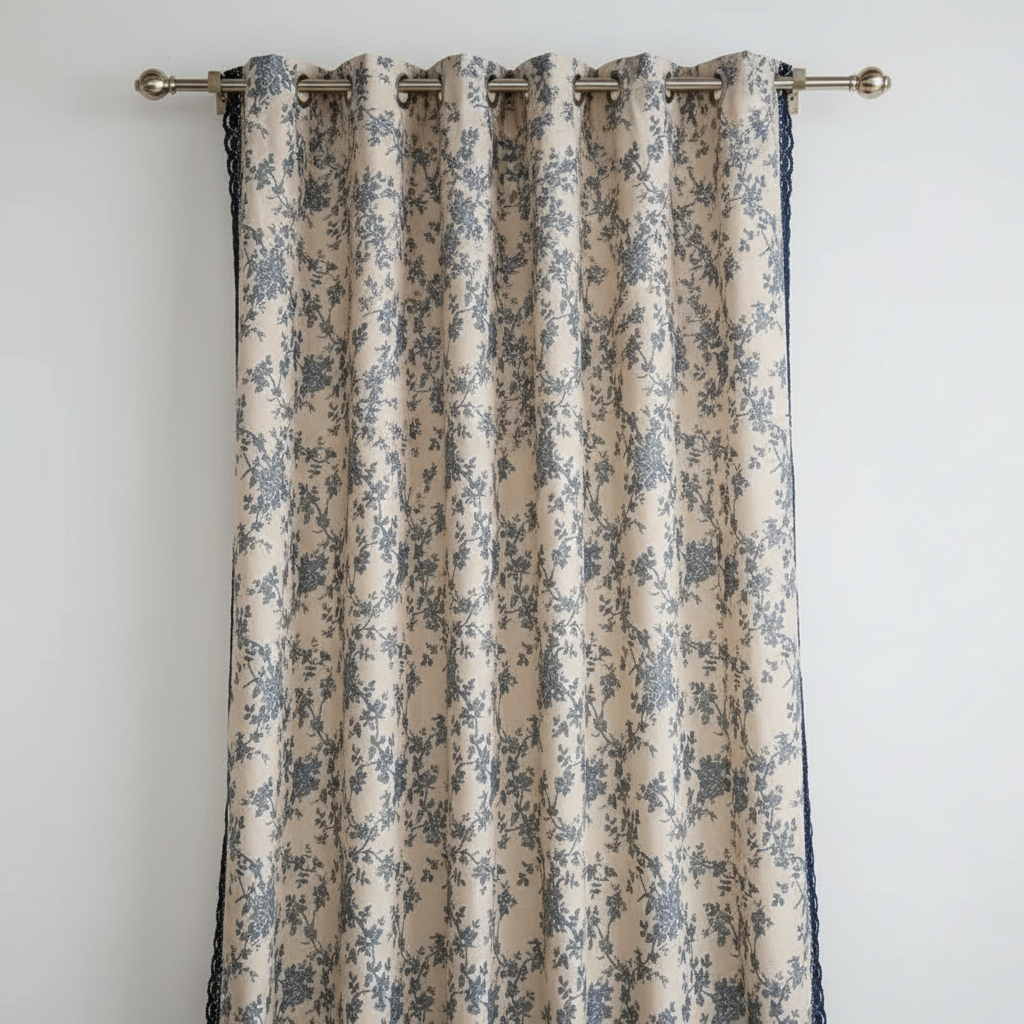 Maribelle vintage navy floral toile curtain panel with navy crochet lace edge trim, hung and shown clearly