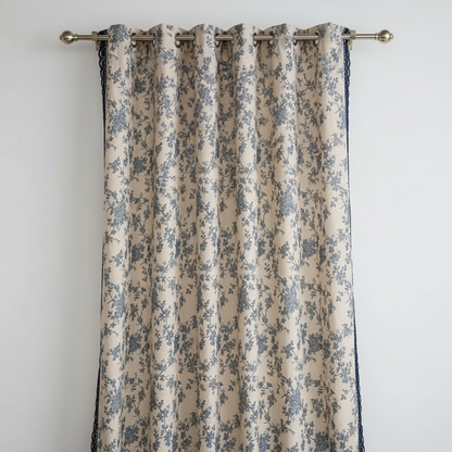 Maribelle vintage navy floral toile curtain panel with navy crochet lace edge trim, hung and shown clearly